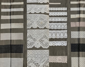 Large Antique Nottingham Lace work Sample page, salesman lace sampler books page trims