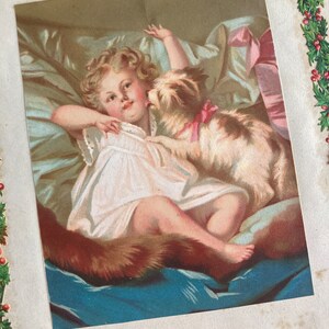 May include: A vintage illustration of a young girl lying in bed with a small dog. The girl is wearing a white dress and the dog is wearing a pink ribbon. The illustration is in a soft, pastel color palette.