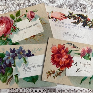 Quatre belles cartes de Noël victoriennes récupérées, des cartes de Noël antiques