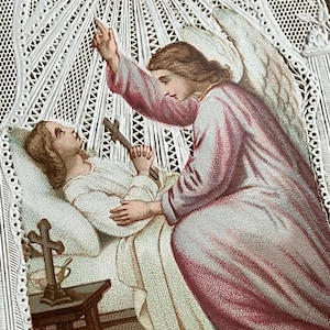 Belle carte de communion religieuse française antique en papier, dentelle de papier antique