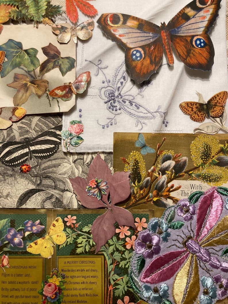 Journal kit Antique Silk Floral embroidered Fabric Victorian Butterflies Chromo Scraps