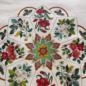 May include: A vintage chromo embroidery pattern with a floral design. The pattern features red, white, and purple flowers with green leaves, arranged in a circular, geometric layout. The text "CHROMO EMBROIDERY" is visible at the top.