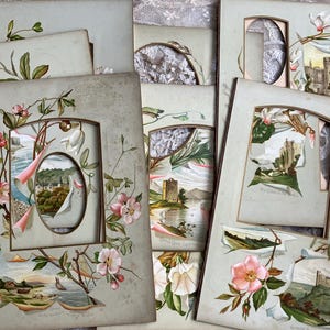 Cadre ancien pour cartes de visite, châteaux et fleurs, pages d'album photo victorien, cadre victorien