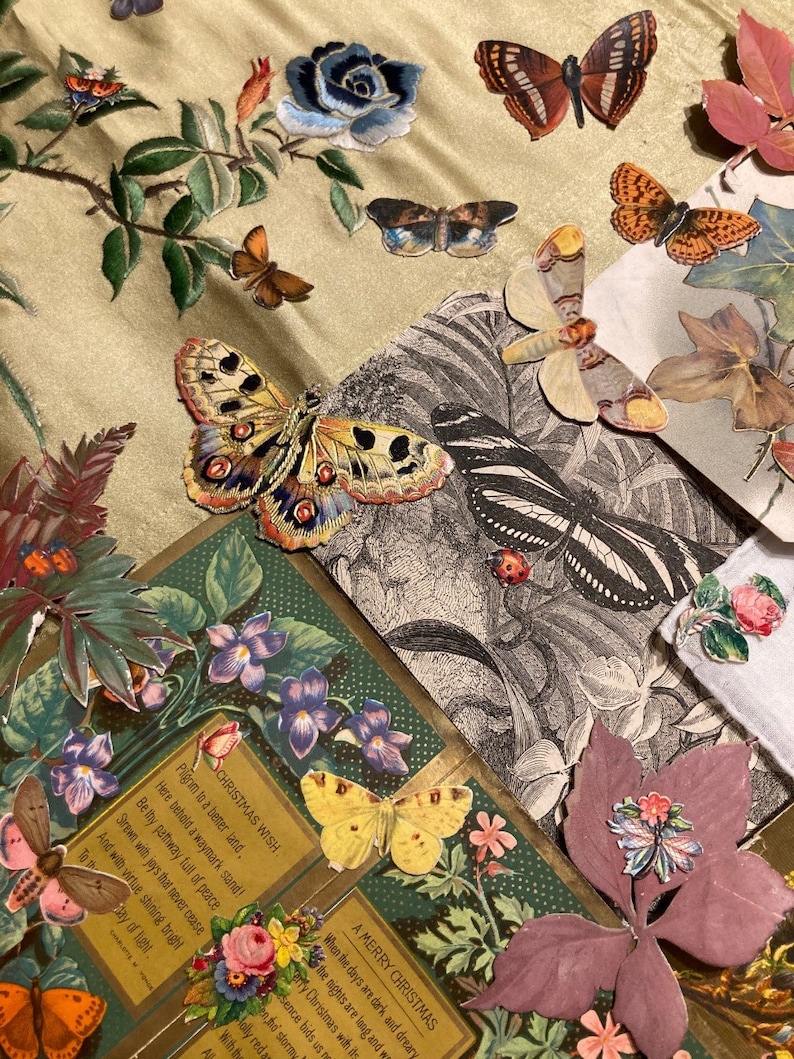 Journal kit Antique Silk Floral embroidered Fabric Victorian Butterflies Chromo Scraps