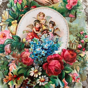 Belle carte pop-out mécanique 3D du XIXe siècle, boyau de fleurs