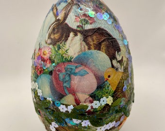 Large decorative 6” Easter eggs for your Easter table centerpiece.  This egg is decoupaged with Easter bunnies.