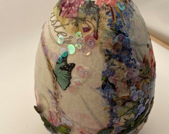 Large decorative 6” Easter eggs for your Easter table centerpiece.  This egg is decoupaged with Easter bunnies.