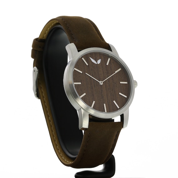 CWA Watch Wooden Watch Fernie Walnut Silver Brown Wood Leather Band  Stainless Steel Watch Watch Men Women Unisex