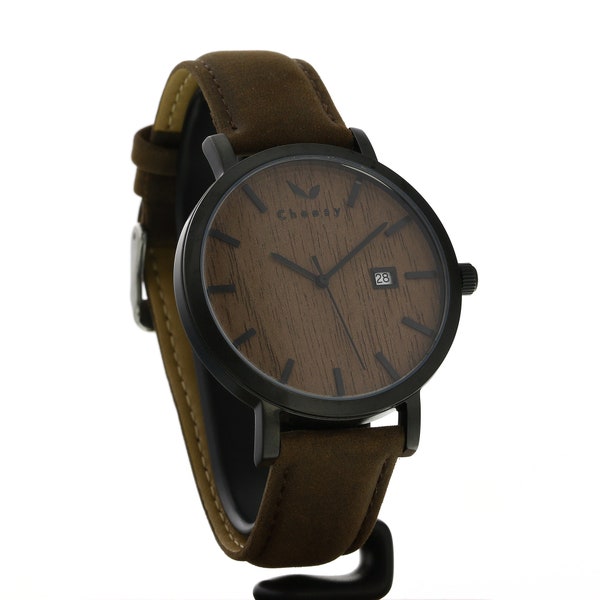 CWA Montre En Bois Revel Noyer Marron Bois Bracelet en Cuir Montre En Acier Inoxydable Montre-Bracelet Hommes Femmes Unisexe