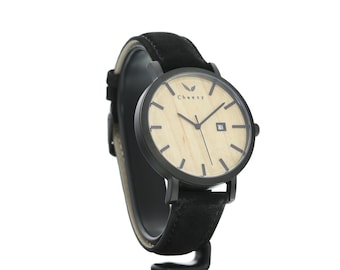 Christmas Gift Watch Wooden Watch Revel Maple Black Wood Leather Band Stainless Steel Watch Wristwatch Men Women Unisex