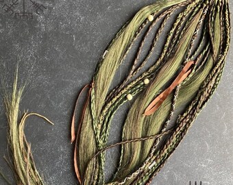 GREEN | Braids Extensions Locks on elastic band Green Brown Forest Dreadlocks Handmade Synthetic hair extensions set Temporary Ponytail