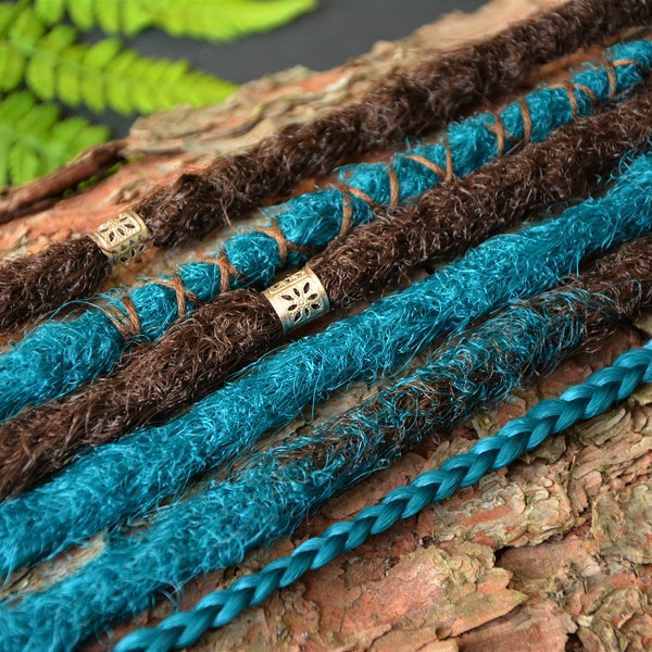 Dreads on elastic band brown turquoise blue Crochet Dreadlocks Handmade Sythetic hair extensions set Temporary hairband