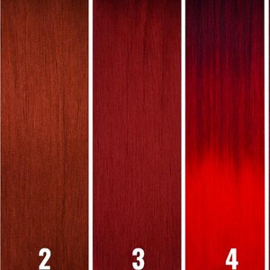 May include: Five swatches of hair dye, ranging in color from orange to burgundy. The swatches are numbered 1 through 5.