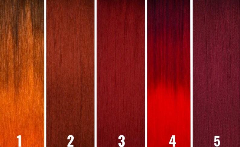 May include: Five swatches of hair dye, ranging in color from orange to burgundy. The swatches are numbered 1 through 5.