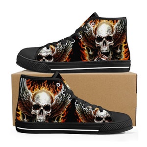 Biker Schädel High Top Sneakers, Blumen Schädel Canvasschuhe, böse Frauenschuhe, Motorrad Schädel Canvasschuhe, Motorrad Damen Turnschuhe Schuhe