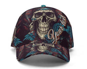 Cappellino da baseball con teschio e piume - Cappello con design gotico a forma di teschio e ali vivaci - Testo personalizzabile - Regalo unico fatto a mano, cappellino da baseball con teschio