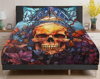 Gothic skull bed cover, hooded skull pillow cover, dark horror duvet cover, evil face bedding set, skull in fire comforter, floral skull com