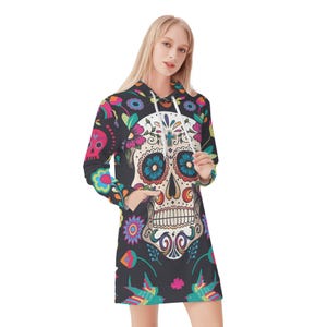 Day of the dead skull dress hoodie, calaveras skull Hoodie Dress Mexican skull Pullover shirt, Candy skull hooded Dia de los muertos hoodie