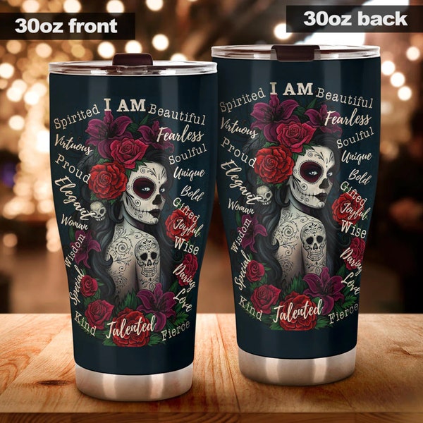 Tasse gobelet fille tête de mort en sucre, tasse tumblr dia de los muertos, tasse gobelet tête de mort bonbons, tasse gobelet gothique Halloween mexicain