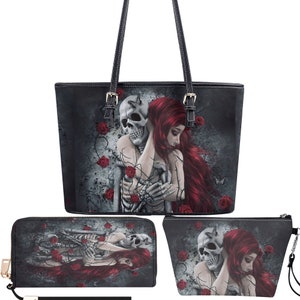 Gothic skull bag with shoulder strap, punisher skull long wallet, horror tote bag skeleton messenger bag, skeleton wallet flower skull purse