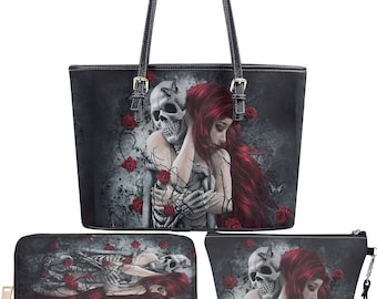 Gothic skull bag with shoulder strap, punisher skull long wallet, horror tote bag skeleton messenger bag, skeleton wallet flower skull purse