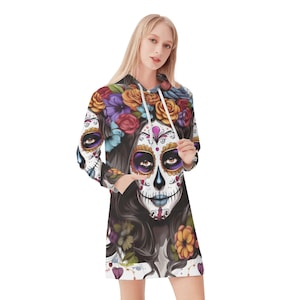 Sugar skull girl dress hoodie, candy skull Hooded Dress Mexican skull Pullover sweatshirt, sugar skull Dia de los muertos hooded shirt