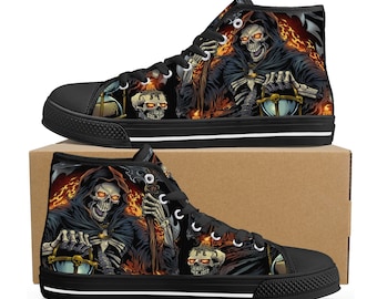 Horror herensneakers, halloween-schoenen voor hem, causale schoenen schedel, doodsschedel schoenen voor haar, casual halloween-schoenen, grim reaper-schoenen