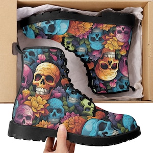 Flower skull waterproof boot, skull in fire waterproof shoes, spooky death combat boots, floral skull fashion leather boots, devil ghost com