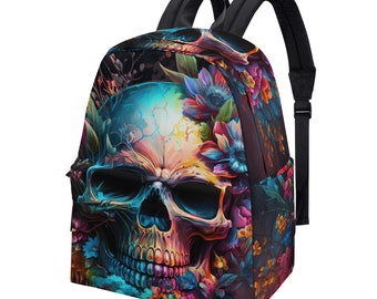 Flower skull backpack for school, death with scythes backpack purse for girl, punisher skull school bag, goth School bag, skull in fire tote