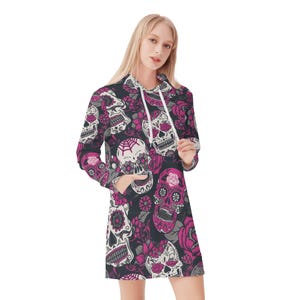 Sugar skull dress hoodie, hooded candy skull pullover, day of the dead skull sweater, candy skull dress hoodie, sugar skull sweater