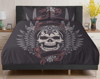 Skeleton duvet cover set, skull bedding set, floral skull comforter, floral skull comforter, christmas skull bedroom decor, hooded skull com