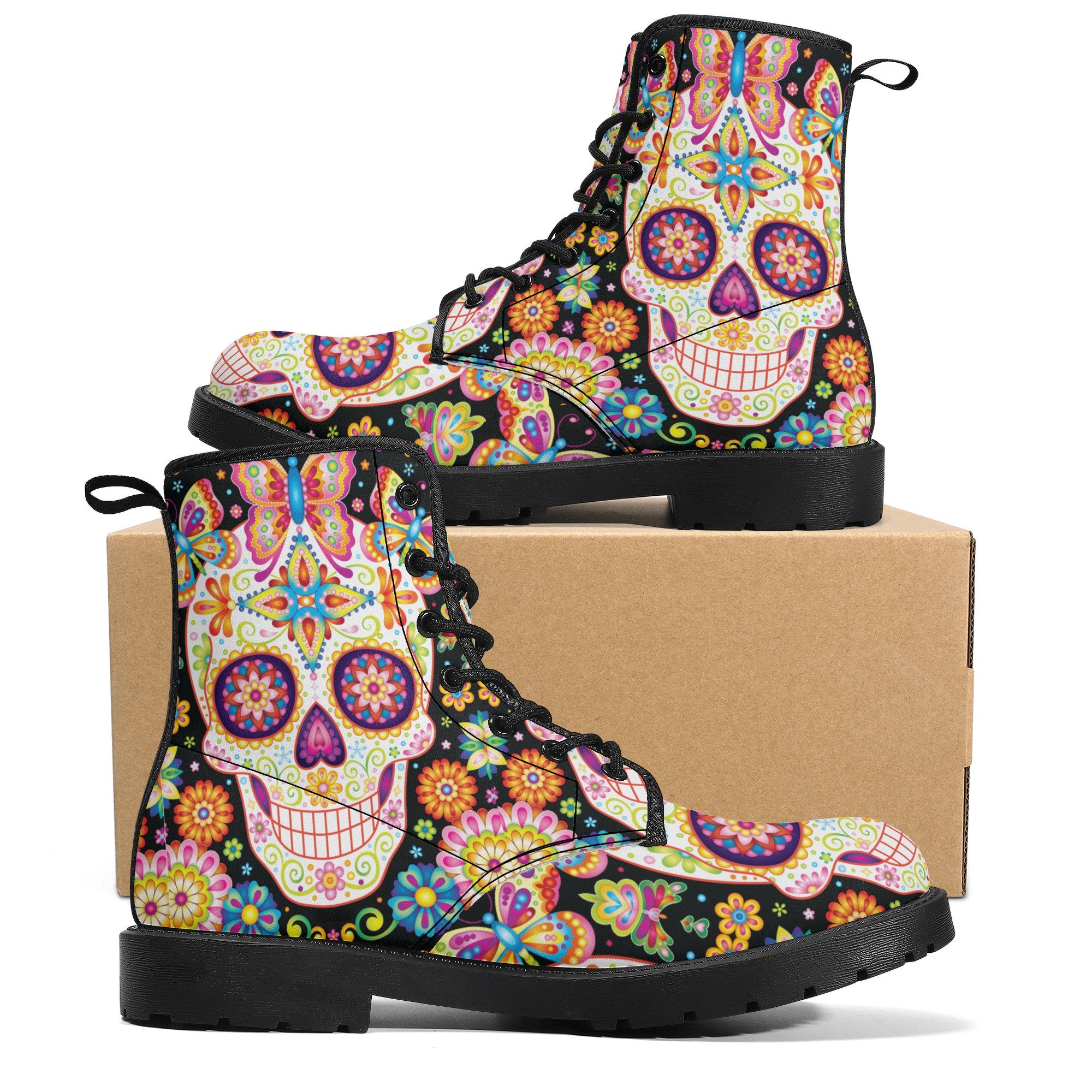 Sugar Skull Skeleton Girly Feather Boho Pattern Print Men Women Leather Boots