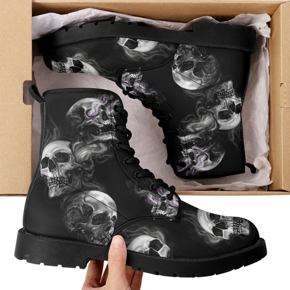 Gothic skull unisex boots, flaming skull winter boots, waterproof boots,  death skull ankle booties, christmas skull waterproof shoes boots