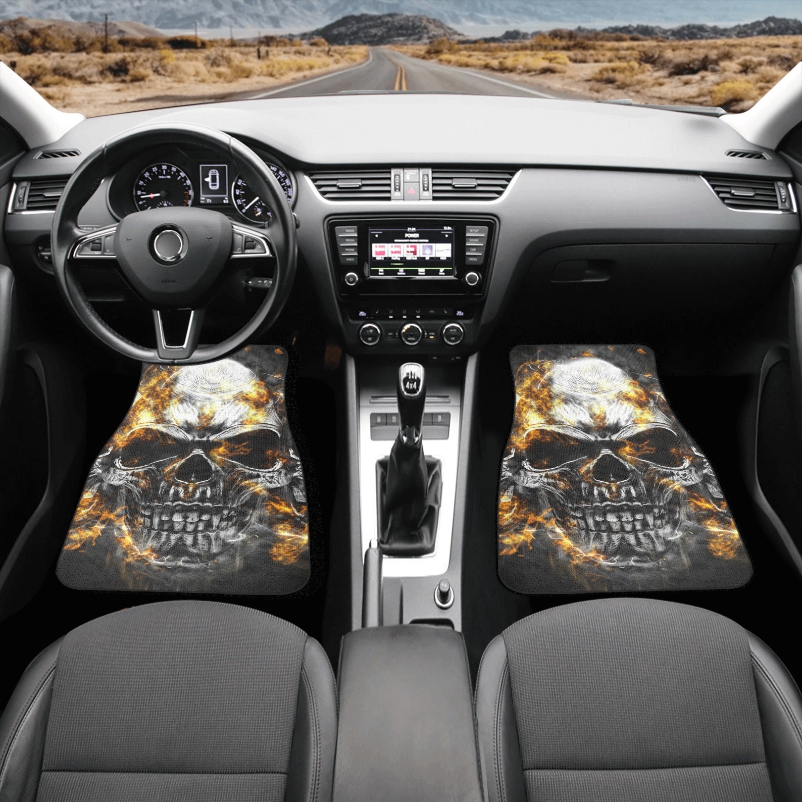 Flaming Skull Car Seat Cover Car Mat Full Set, Grim Reaper Skull Seat
