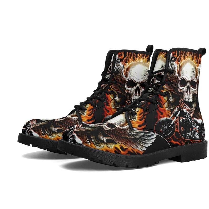 Skull boots Streetwear shoes for biker, Gothic skull women men's boots Goth death skeleton men boots, Halloween punisher skull leather boots image 3