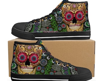 Floral sugar skull sneakers, sugar skull girl hight top sneakers, cinco de mayo skull women shoes, day of the dead women sneakers shoes