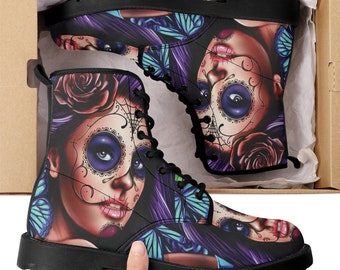 Dia de los muertos skull girl leather boots, sugar skull boots for men women, candy mexico skull boots for women men, sugar skull girl boots