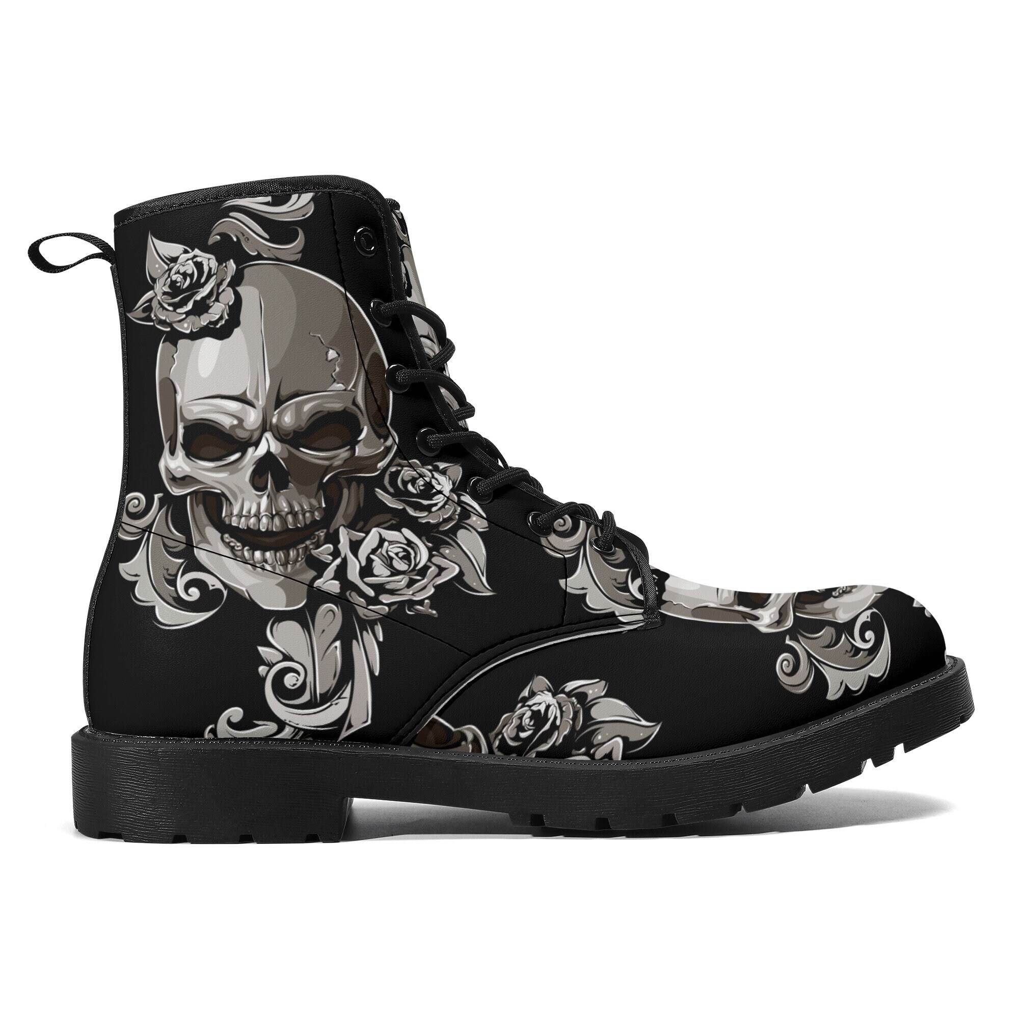Floral Rose Sugar Skull Skeleton Girly Pattern Print Men Women Leather Boots