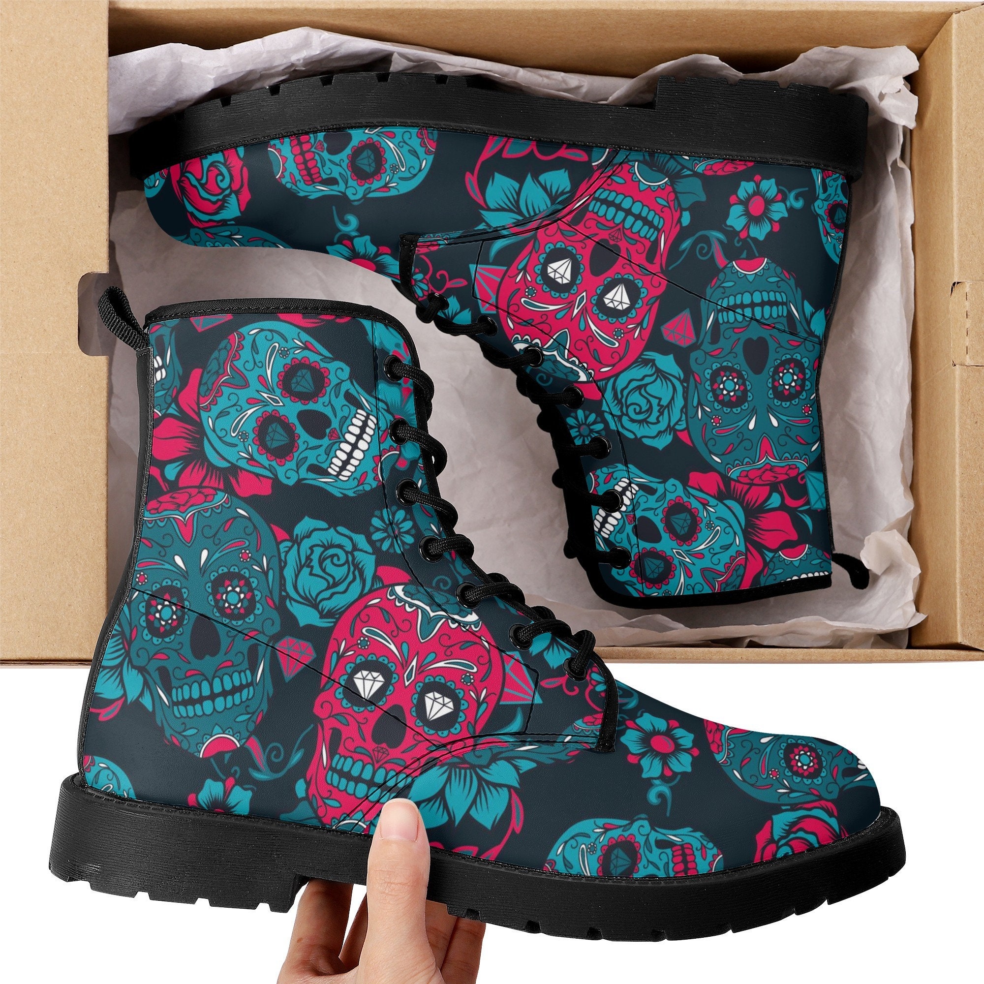 Sugar Skull Skeleton Girly Floral Pirate Pattern Print Men Women Leather Boots main image 1