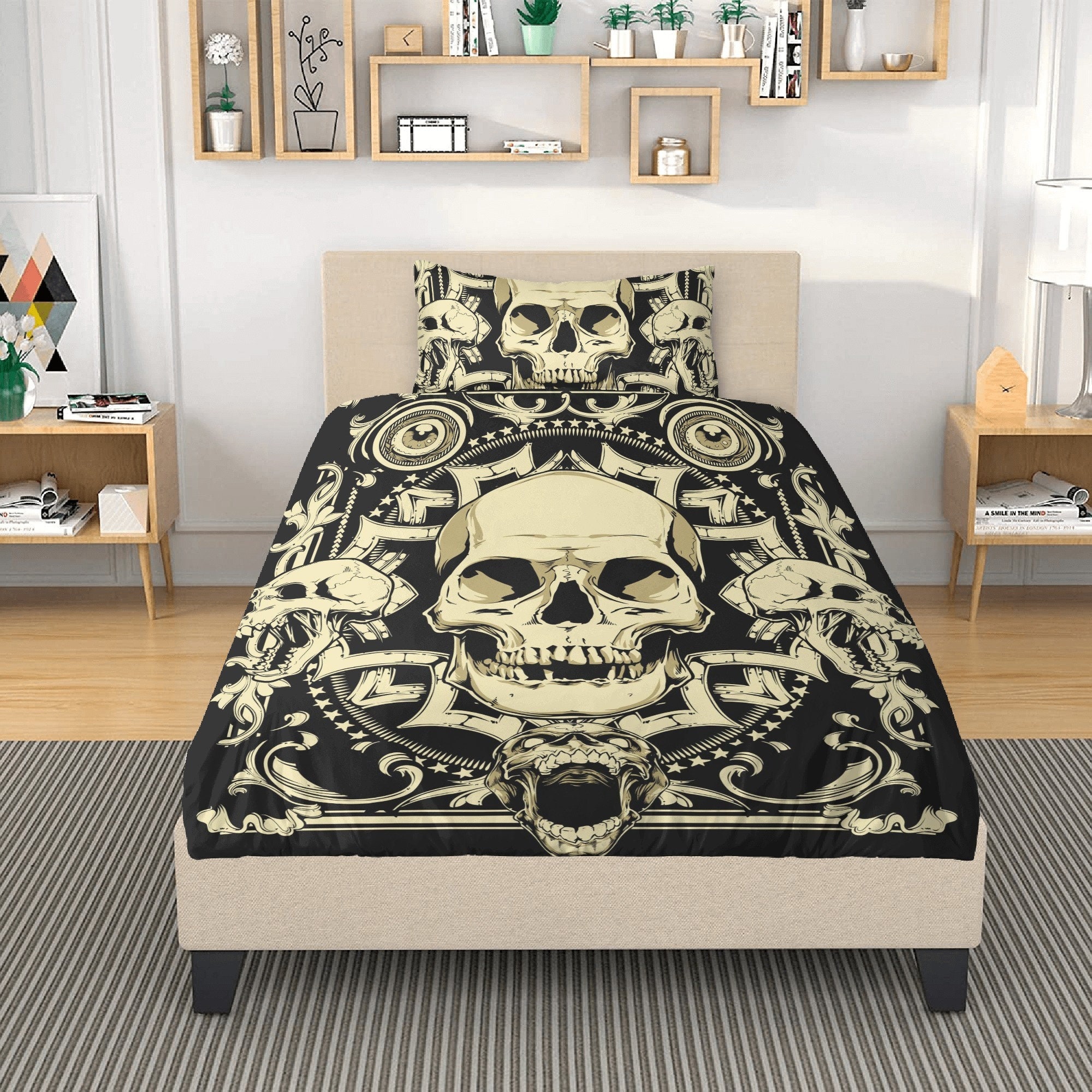 Skull Bedding Set, Gothic Black Skull Print Pattern Bedding Set