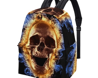 Fire skull backpack purse for girl, motorcycle skull Travel backpack, grim reaper backpack purse for girl, evil face carry on bag, punisher