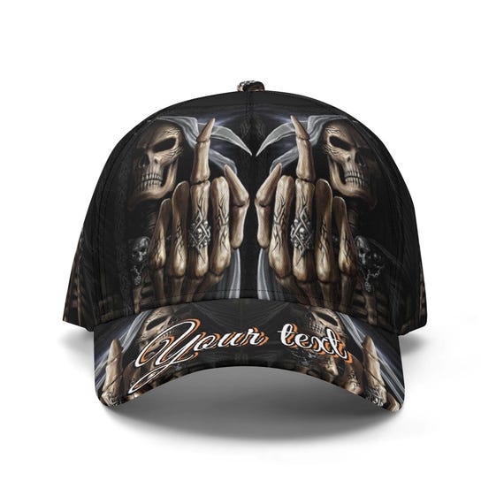 Grim Reaper Skull Cap With Custom Text - Black Goth Hat With
