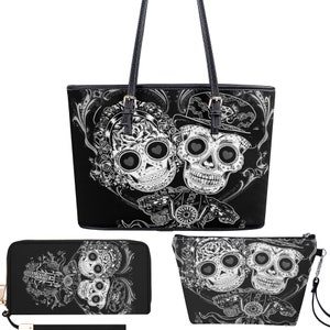 Süßigkeitsschädelhandtasche, Blumenschädelkosmetikgeldbörse, Blumenschädelschultertasche, Zuckerschädelmädchenkuriertasche, Schädel-Einkaufstasche