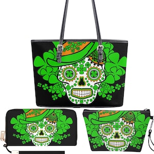 Saint Patrick's Zuckerschädel-Tasche mit Schultergurt, Zuckerschädel-Einkaufstasche, Mexiko-Handtasche Blumenschädel-Umhängetasche Cinco de Mayo-Tasche