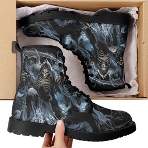 Grim reaper skull men women boots, Punisher horror gothic boots, Halloween skull boots, Skeleton skull grim reaper leather rose skull boots