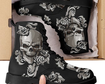 Floral Skull Leather Boots, Halloween Skull Boots for Men  display picture 2