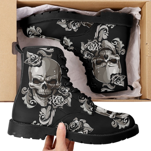 Floral Skull Leather Boots, Halloween Skull Boots for Men  display picture 2