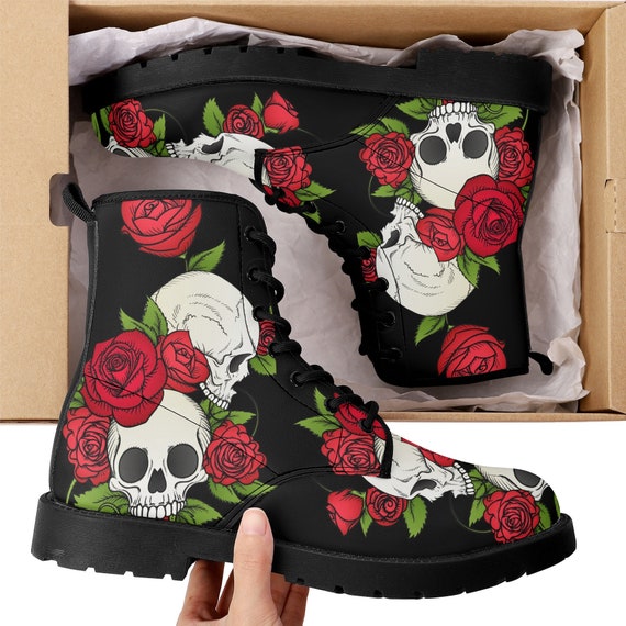 Floral Skull Grim Reaper Boots for Men Women, Halloween  display picture 2