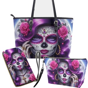 Bolso bandolera con diseño de calavera de azúcar, cartera para cosméticos con diseño de calavera de azúcar, bolso de mano mexicano, bolso de mensajero con diseño de calavera de azúcar, conjuntos de monedero y cartera con diseño de calavera de azúcar.