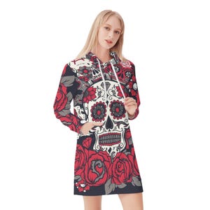 Vibrant Sugar Skull Hoodie Dress - Day of the Dead Calavera Gothic Pullover, Women&#39;s Skeleton Style, candy skull sweater, sugar skull hoodie